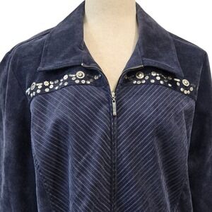 Y2K Alfred Dunner‎ Womens 16 Blue Corduroy Zip Jacket Embellishment Pockets
